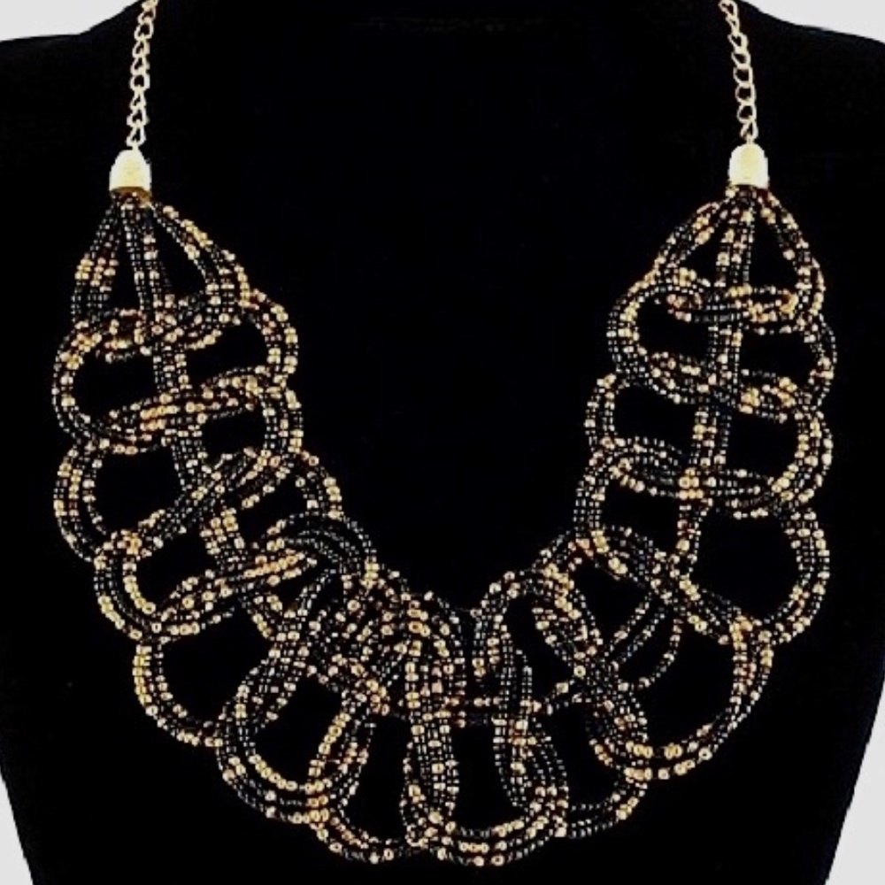 Czech Glass Black & Gold Seed Beaded Necklace